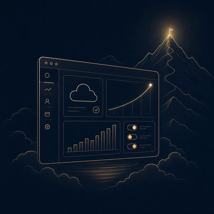 SaaS-SEO – Software-Dashboard, Wachstumskurve und Gipfel